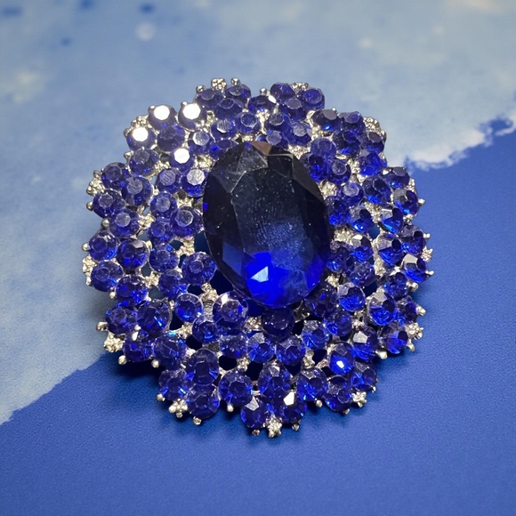 B027   2/$30 Royal Sapphire Blue Crystal Brooch Vintage Glam Statement Accessory - Picture 1 of 3